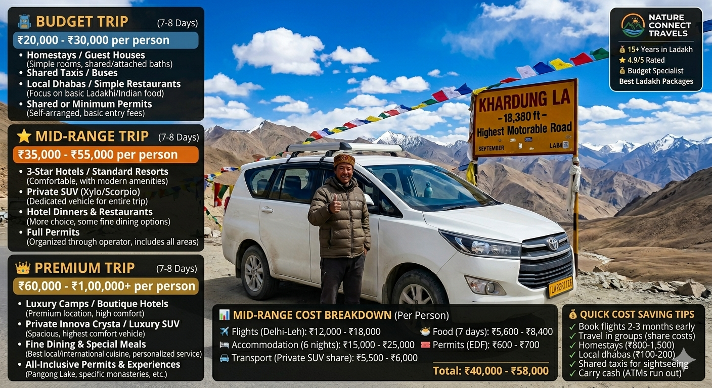 Ladakh Trip Cost 2026 | 6-10 Days Budget @ ₹20,000-₹55,000 9 Ladakh trip cost 2026 - price comparison chart for budget mid-range and premium options