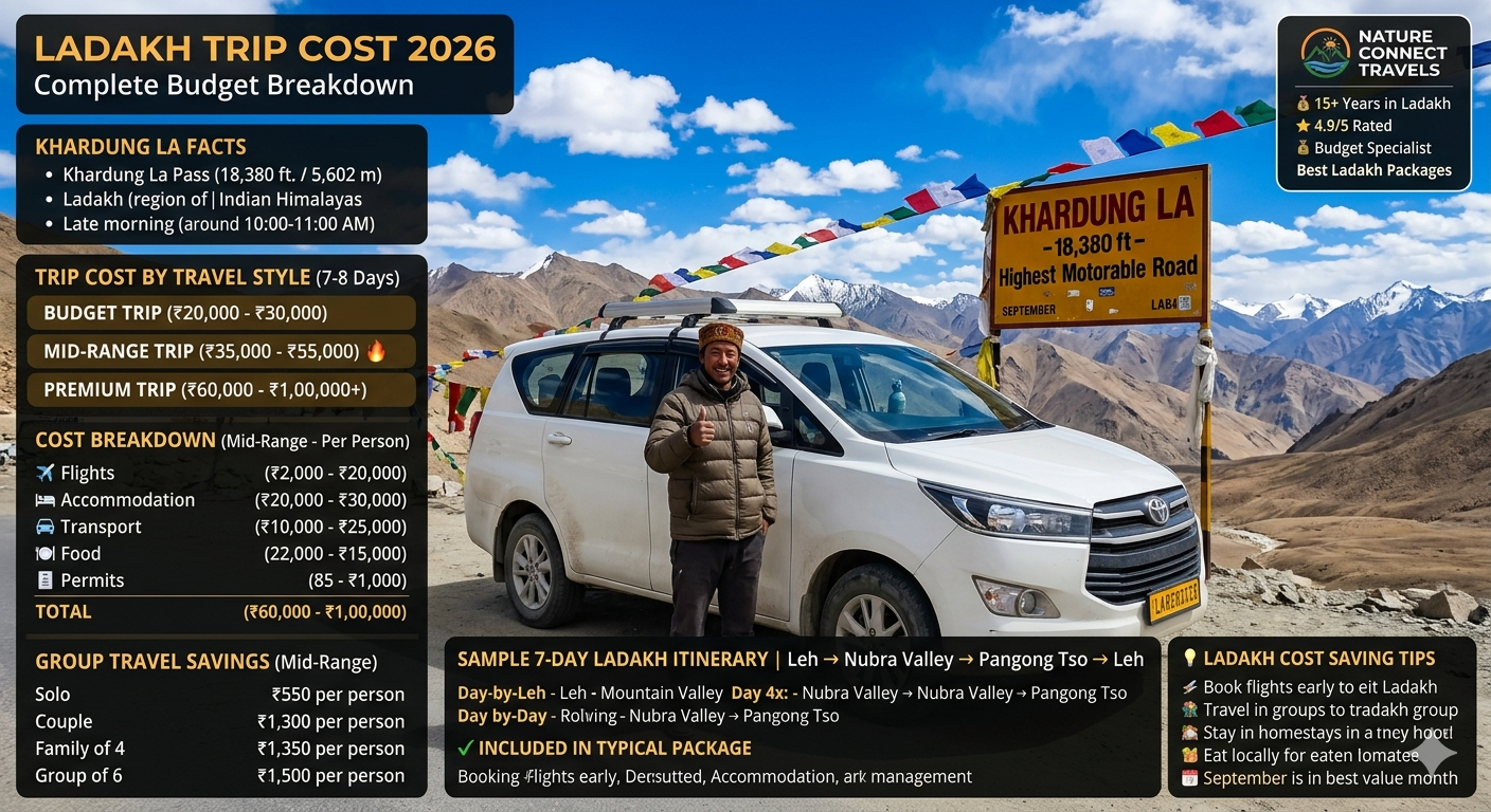 Ladakh trip cost 2026 - white SUV at Khardung La pass 18380 feet with Ladakhi driver giving thumbs up, prayer flags, budget trip ₹20,000-30,000 per person, mid-range trip ₹35,000-55,000, premium trip ₹60,000-1,00,000+, cost breakdown flights ₹12k-18k, accommodation ₹15k-25k, transport ₹5.5k-6k, food ₹5.6k-8.4k, permits ₹600-700, total mid-range ₹40k-58k, group savings solo ₹55k-80k, couple ₹40k-55k each, family of 4 ₹37.5k-55k each, group of 6 ₹35k-50k each, 7-day itinerary Leh Nubra Pangong, includes accommodation, meals, transport, permits, transfers