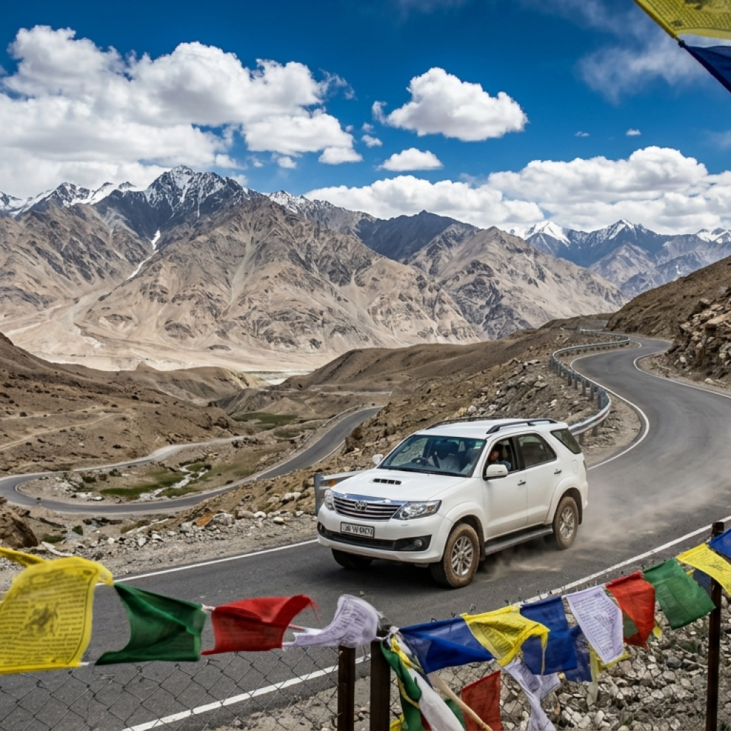 Ladakh Trip Cost 2026 | 6-10 Days Budget @ ₹20,000-₹55,000 8 Ladakh trip cost 2026 white SUV driving on winding mountain road in Ladakh