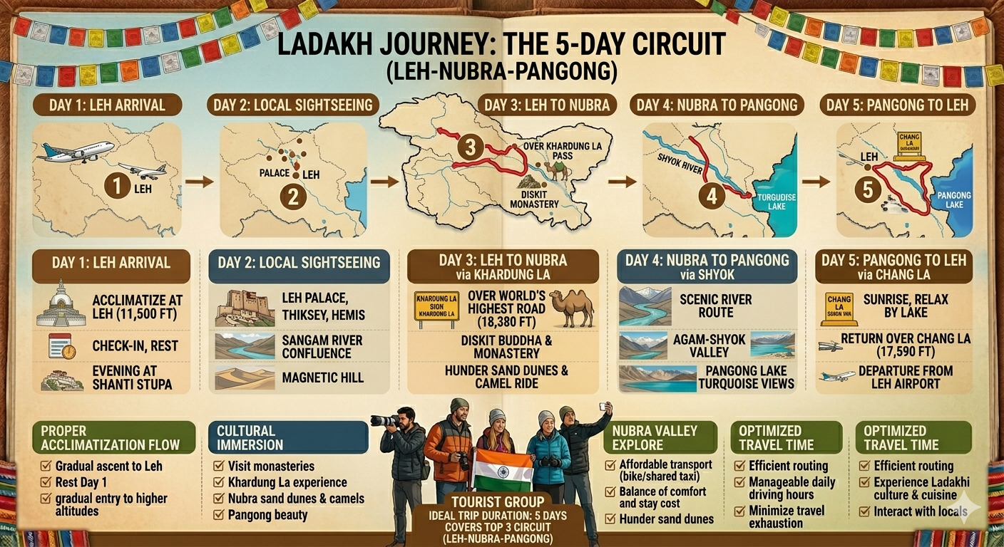 Ladakh trip itinerary 5 days 2026 - 5 day itinerary map Leh Nubra Pangong