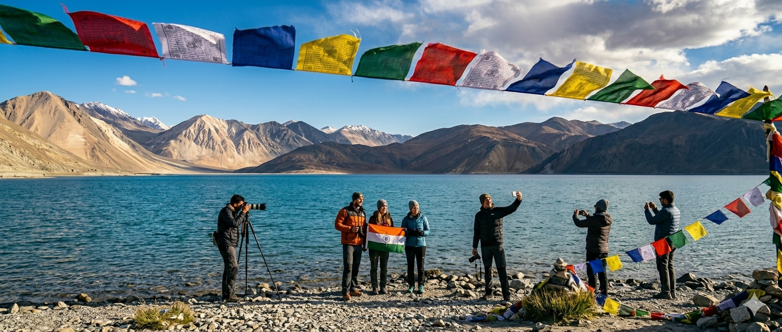  Ladakh trip itinerary 5 days 2026 - Pangong Tso lake with travelers and prayer flags