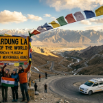 Ladakh trip itinerary 5 days 2026 - SUV taxi on Khardung La pass at 18380 feet with iconic signboard and prayer flags