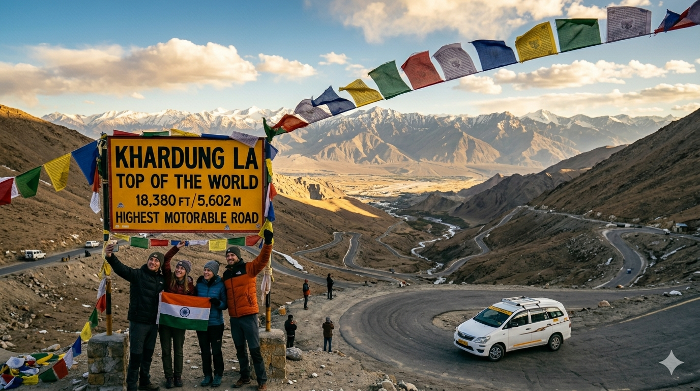 Ladakh trip itinerary 5 days 2026 - SUV taxi on Khardung La pass at 18380 feet with iconic signboard and prayer flags