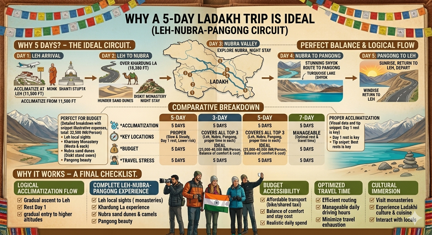 Ladakh trip itinerary 5 days 2026 - why 5 days is ideal infographic