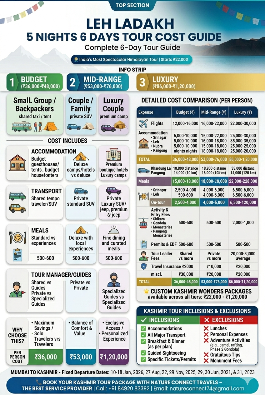 Leh Ladakh 5 Nights 6 Days Itinerary 2026 | ₹25,000 | Complete Guide 16 Leh Ladakh 5 nights 6 days itinerary 2026 - cost breakdown infographic