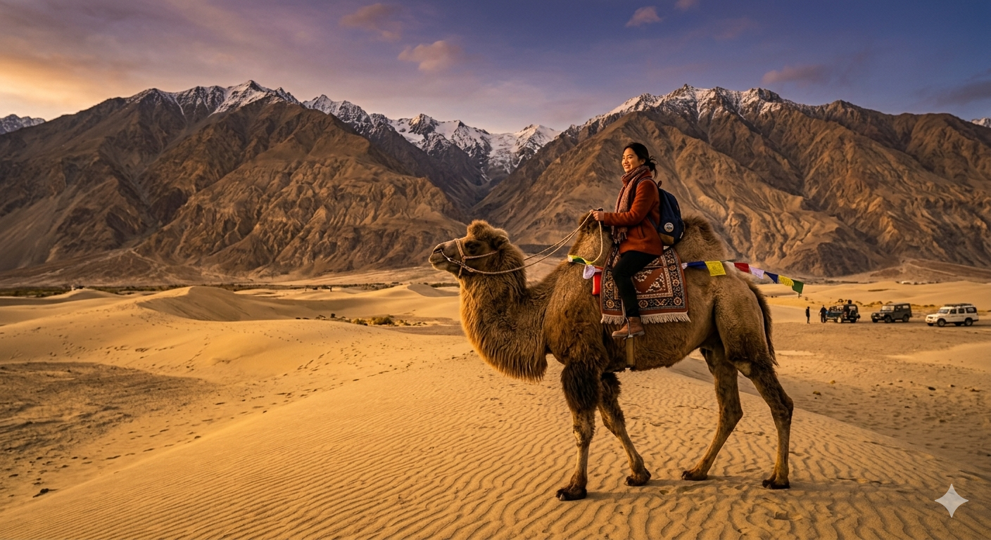 Leh Ladakh 5 Nights 6 Days Itinerary 2026 | ₹25,000 | Complete Guide 13 Leh Ladakh 5 nights 6 days itinerary - double-humped camel safari at Hunder Sand Dunes