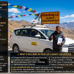 Leh Ladakh cab service 2026 - white Innova SUV at Khardung La 18380 feet with Ladakhi driver giving thumbs up, prayer flags, official taxi rates Leh local ₹3,000, Nubra Valley 2 days ₹11,807-14,062, Pangong Tso 2 days ₹12,464-13,087, Nubra-Pangong circuit 3 days ₹22,410, Tso Moriri 2 days ₹14,276-17,282, Srinagar to Leh 2 days ₹22,264, Tempo Traveller rates, private tour packages for couples 4N5D ₹41,999 to 9N10D ₹1,17,000