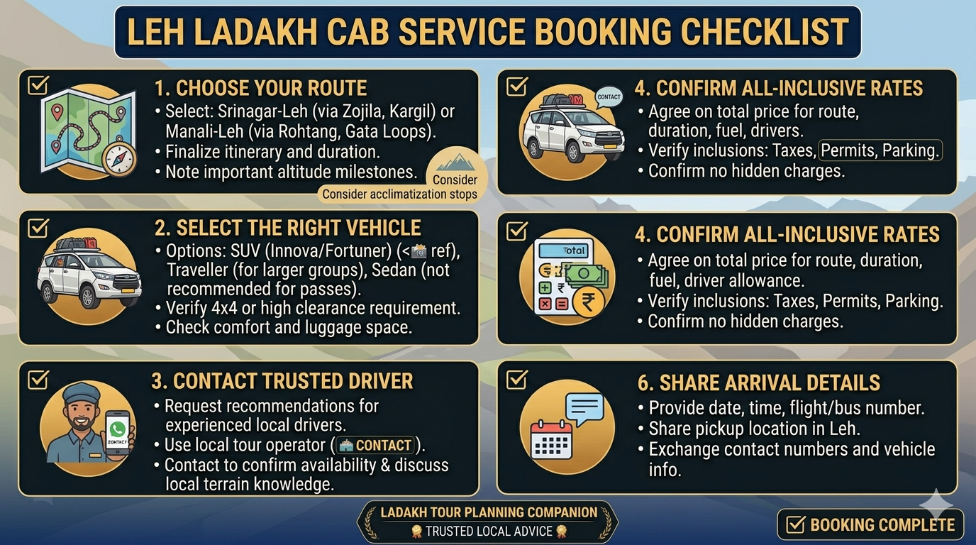 Leh Ladakh cab service - 6-step booking checklist infographic