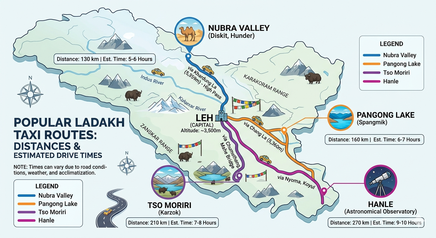Leh Ladakh cab service - route map showing Leh to Nubra Pangong Tso Moriri and Hanle