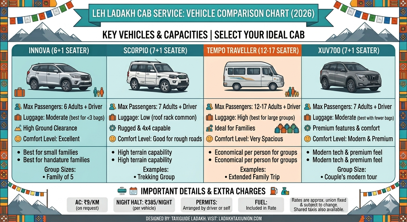 Leh Ladakh cab service - vehicle types comparison chart for SUV Tempo Traveller and luxury options
