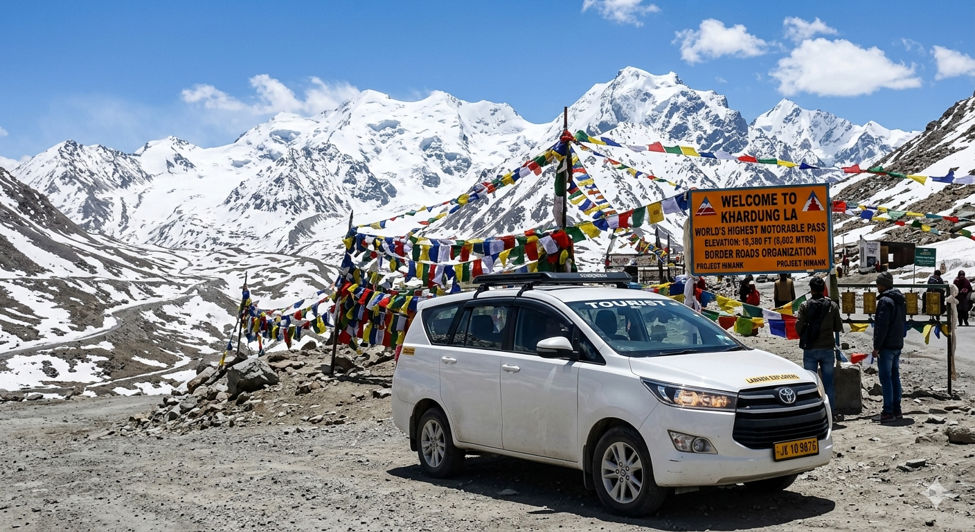 Leh Ladakh cab service - white SUV at Khardung La pass with prayer flags and mountains