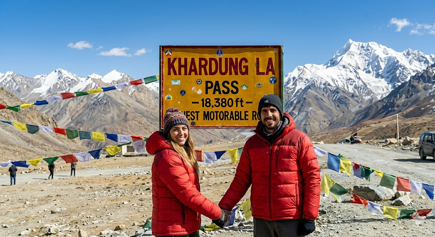 Leh Ladakh Honeymoon Package Cost 2026 | 6 Days @ ₹27,999 8 Leh Ladakh honeymoon package cost 2026 - couple at Khardung La pass with prayer flags