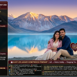 Leh Ladakh honeymoon package cost 2026 - couple sitting together at Pangong Lake sunset, arms around each other, turquoise water, snow-capped peaks, budget honeymoon ₹30,000-45,000 per couple, mid-range honeymoon ₹50,000-80,000, luxury honeymoon ₹90,000-1,50,000+, cost breakdown flights ₹16k-24k, accommodation ₹18k-36k, transport ₹11k-15k, food ₹11.2k-16.8k, permits ₹1,200, total mid-range ₹57,400-93,000, best selling honeymoon ₹27,999 per person (₹55,998 per couple), 6-day itinerary Leh Nubra Pangong, includes accommodation, meals, private SUV, permits, transfers