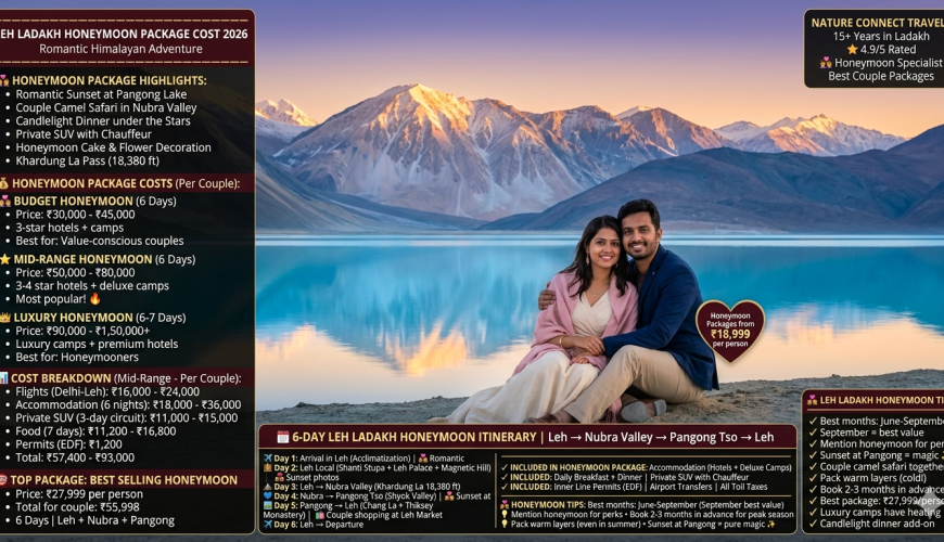 Leh Ladakh honeymoon package cost 2026 - couple sitting together at Pangong Lake sunset, arms around each other, turquoise water, snow-capped peaks, budget honeymoon ₹30,000-45,000 per couple, mid-range honeymoon ₹50,000-80,000, luxury honeymoon ₹90,000-1,50,000+, cost breakdown flights ₹16k-24k, accommodation ₹18k-36k, transport ₹11k-15k, food ₹11.2k-16.8k, permits ₹1,200, total mid-range ₹57,400-93,000, best selling honeymoon ₹27,999 per person (₹55,998 per couple), 6-day itinerary Leh Nubra Pangong, includes accommodation, meals, private SUV, permits, transfers