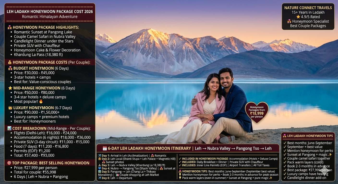 Leh Ladakh honeymoon package cost 2026 - couple sitting together at Pangong Lake sunset, arms around each other, turquoise water, snow-capped peaks, budget honeymoon ₹30,000-45,000 per couple, mid-range honeymoon ₹50,000-80,000, luxury honeymoon ₹90,000-1,50,000+, cost breakdown flights ₹16k-24k, accommodation ₹18k-36k, transport ₹11k-15k, food ₹11.2k-16.8k, permits ₹1,200, total mid-range ₹57,400-93,000, best selling honeymoon ₹27,999 per person (₹55,998 per couple), 6-day itinerary Leh Nubra Pangong, includes accommodation, meals, private SUV, permits, transfers