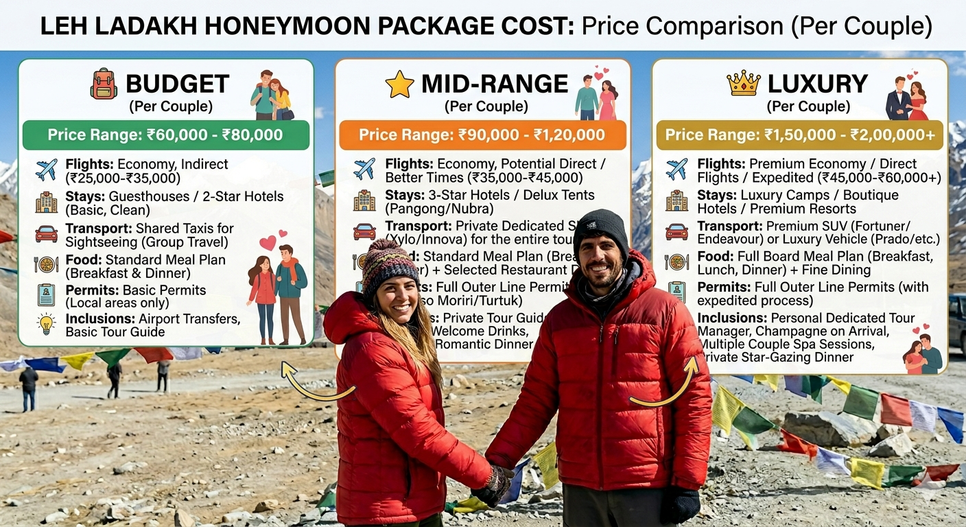 Leh Ladakh Honeymoon Package Cost 2026 | 6 Days @ ₹27,999 9 Leh Ladakh honeymoon package cost 2026 - price comparison chart for budget mid-range and luxury options
