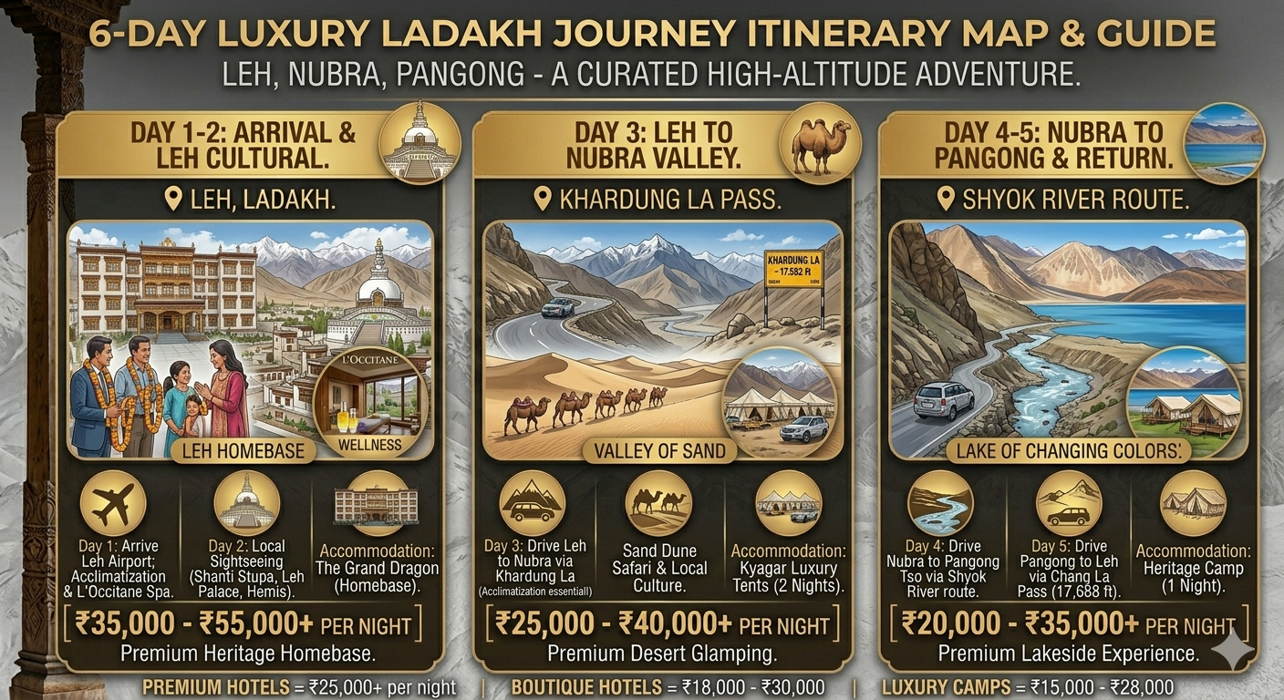  Leh Ladakh luxury tour packages 2026 - 6 day luxury itinerary map Leh Nubra Pangong