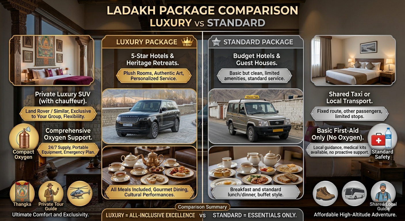 Leh Ladakh luxury tour packages 2026 - luxury vs standard package comparison