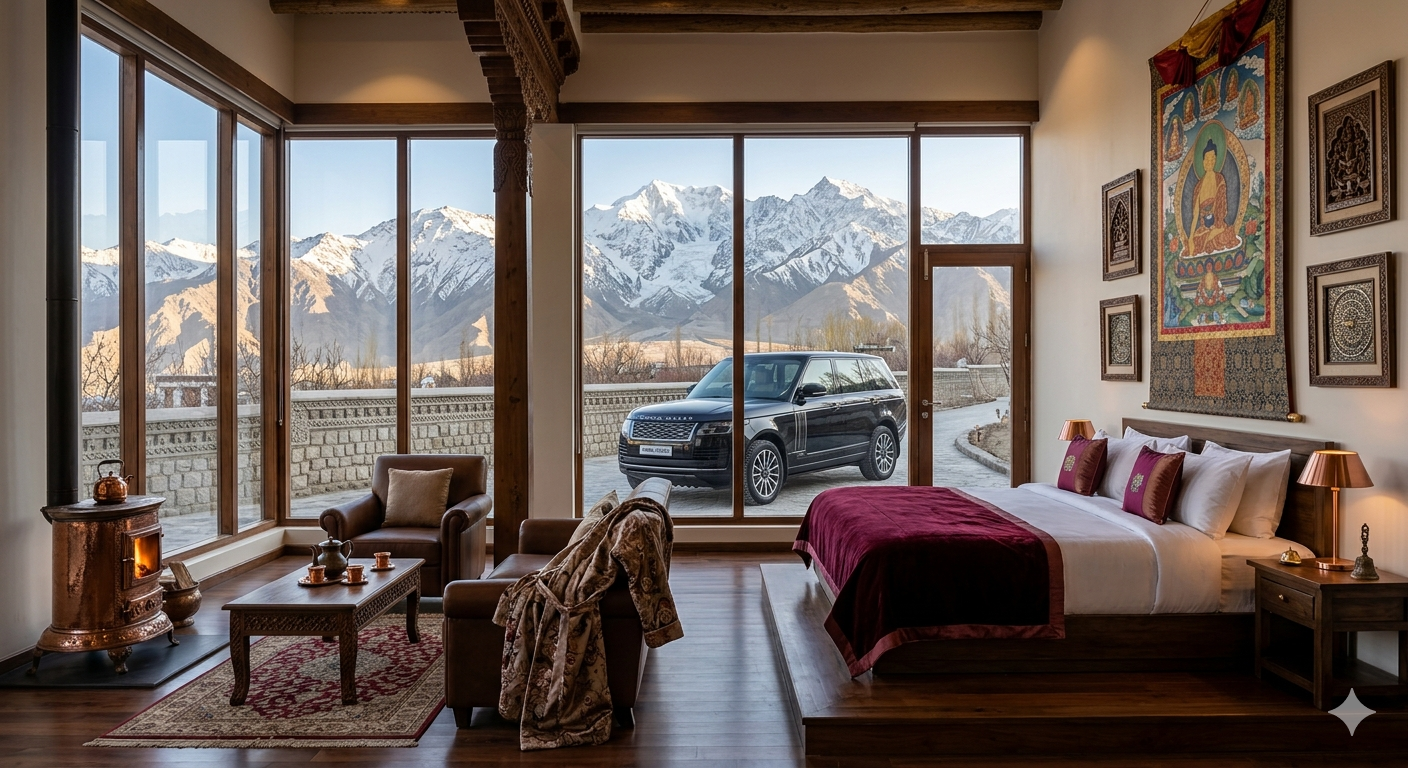  Leh Ladakh luxury tour packages 2026 - premium heritage suite with Stok Kangri mountain views and private luxury SUV