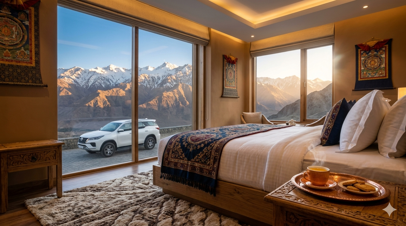 Leh Ladakh luxury tour packages 2026 - premium suite at The Grand Dragon Ladakh with Stok Kangri mountain views and private Fortuner SUV