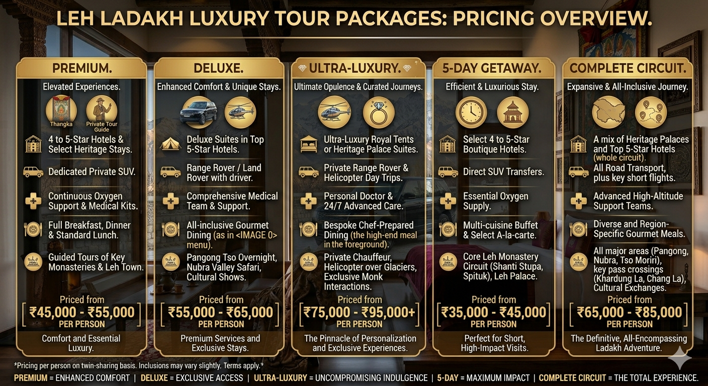 Leh Ladakh luxury tour packages 2026 - pricing infographic premium deluxe ultra-luxury