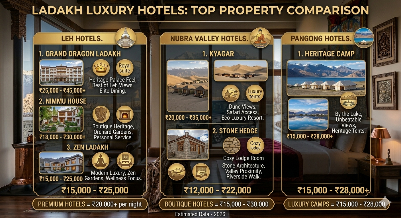 Leh Ladakh luxury tour packages 2026 - top luxury hotels and camps in Leh Nubra Pangong