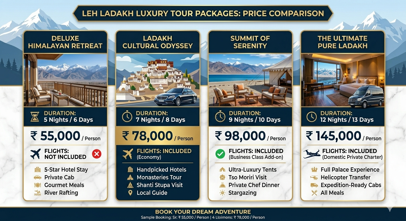Leh Ladakh luxury tour with flight 2026 - price comparison chart with package options and per person costs