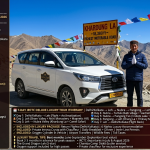 Leh Ladakh luxury tour with flight 2026 - white Innova Crysta at Khardung La pass 18380 feet with professional Ladakhi chauffeur in white gloves offering Julley greeting, prayer flags, snow-capped peaks, flight route overlay Delhi to Leh, IRCTC deluxe group tour 7 days ₹59,500-64,500 with flights from KolkataDelhi, Fly Ladakh semi-luxury $689 with flights from Delhi, luxury with Hanle and Umling La custom quote, Julley Ladakh luxury 6 days $346, luxury land package 6 days ₹40,000, includes return flights, private Innova Crysta, 5-star hotels (The Grand Dragon), butler service at Chamba Camp, oxygen support, all permits