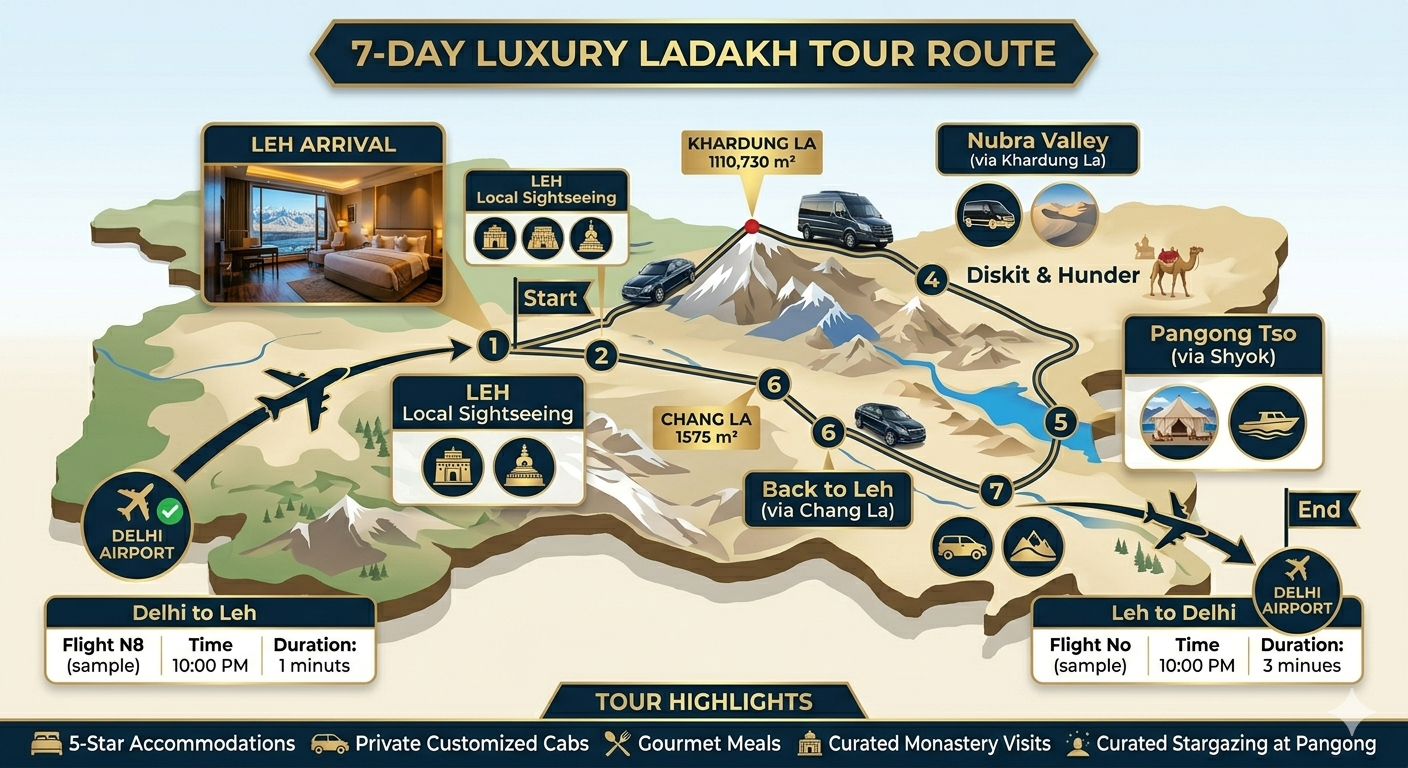 Leh Ladakh luxury tour with flight - 7-day route map with flight connections from Delhi