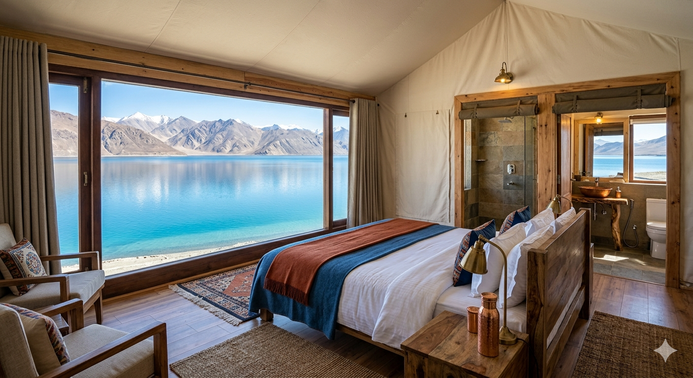 Leh Ladakh luxury tour with flight - luxury camp tent at Pangong Lake with lake view