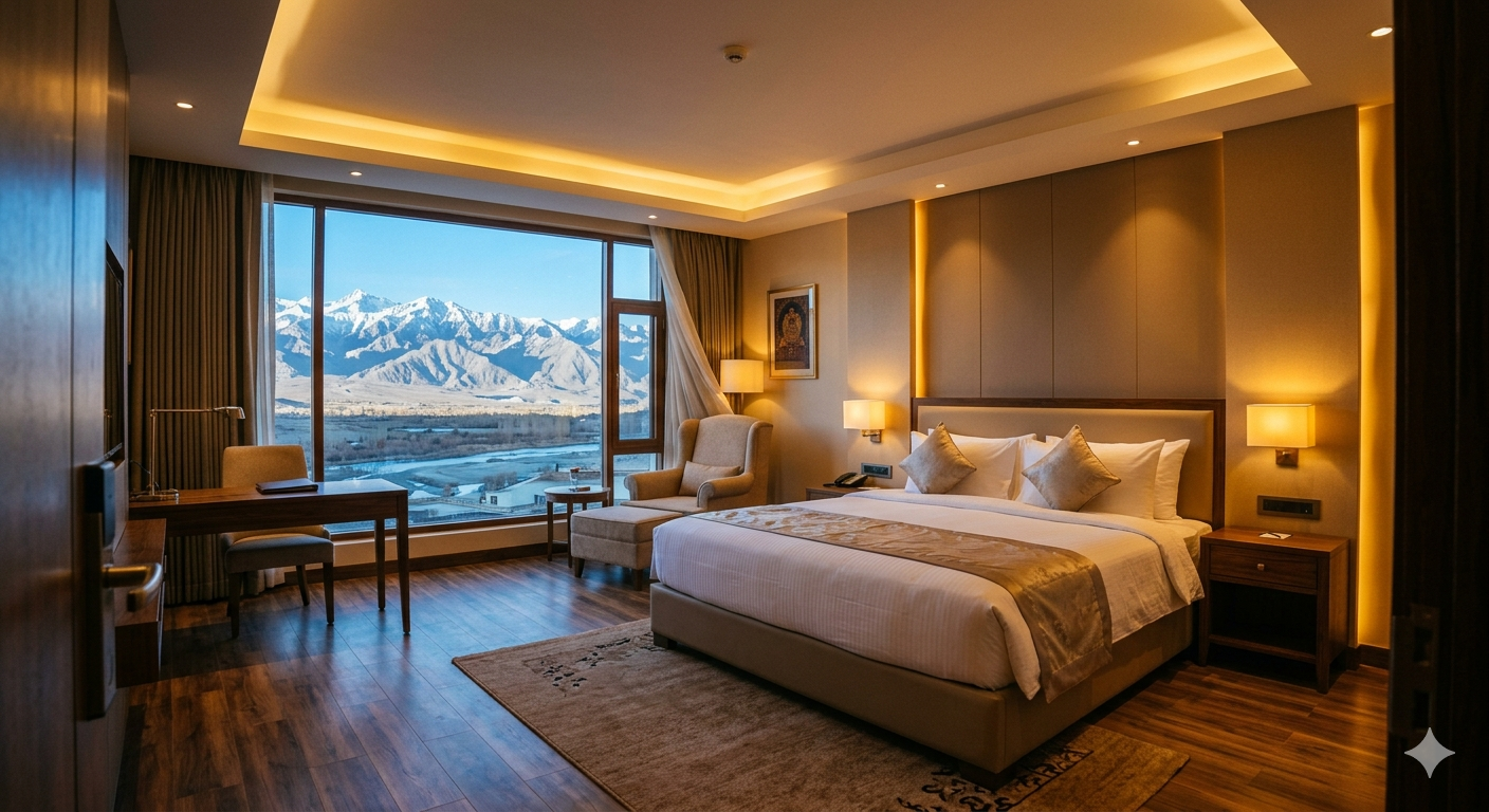 Leh Ladakh luxury tour with flight - premium suite at The Grand Dragon Leh with mountain views