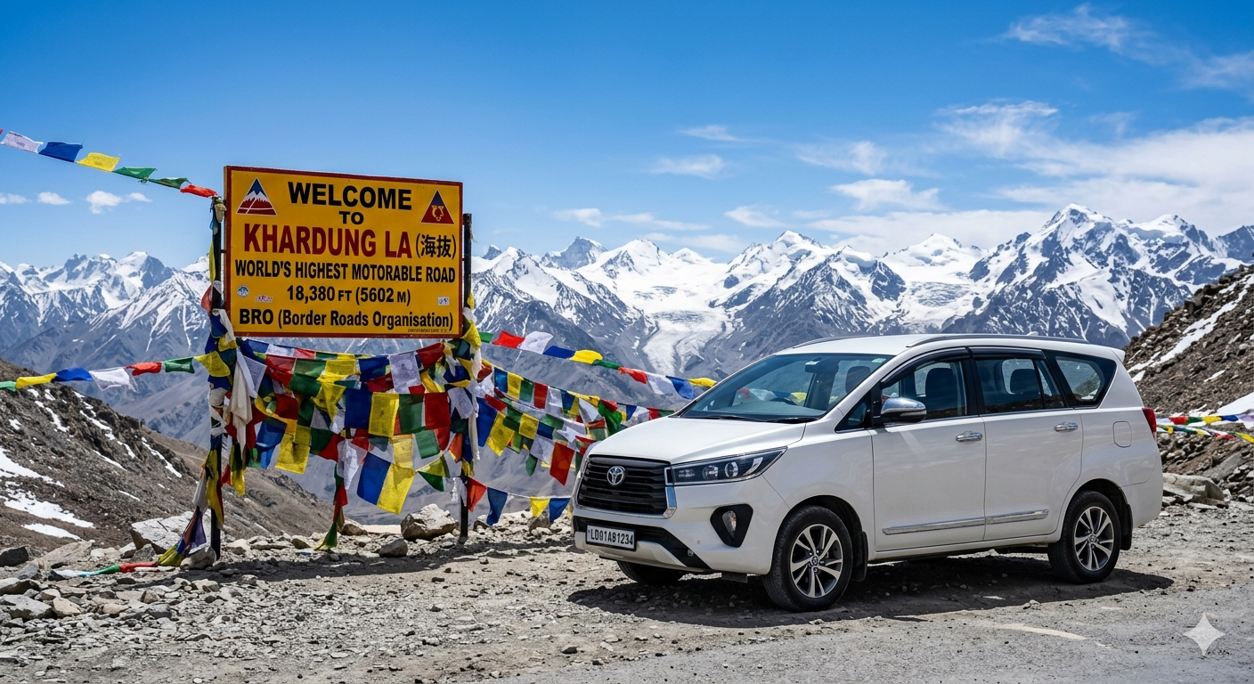 Leh Ladakh luxury tour with flight - white Innova Crysta at Khardung La pass with prayer flags and mountains