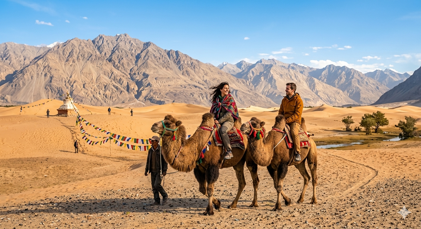  Leh Ladakh summer package 2026 - camel safari at Hunder Sand Dunes Nubra Valley