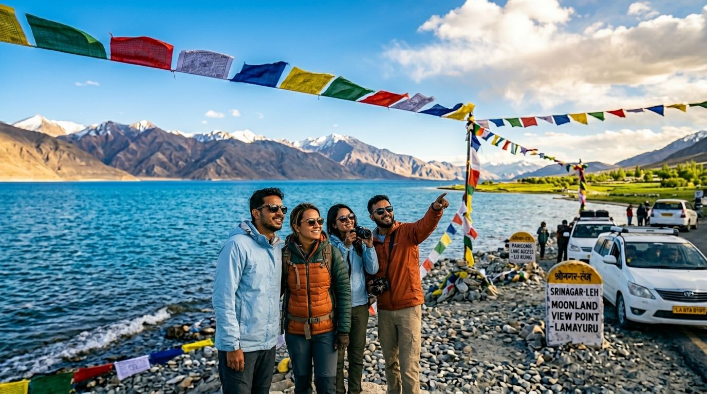 Leh Ladakh summer package 2026 - happy travelers at Pangong Lake with turquoise waters and snow-capped mountains