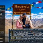 Leh Ladakh trip cost from Bangalore for couple 2026 - couple at Khardung La pass 18380 feet holding hands, sharing pashmina shawl, pink and navy winter jackets, prayer flags, flight route Bangalore to Delhi to Leh, budget trip total ₹90,000-1,10,000 per couple, mid-range trip ₹1,20,000-1,60,000, premium trip ₹1,80,000-2,50,000+, cost breakdown flights ₹40k-56k, accommodation ₹18k-30k, transport ₹11k-15k, food ₹11.2k-16.8k, permits ₹1,200, IRCTC package best value ₹1,05,800 per couple, 7-day itinerary Leh Nubra Turtuk Pangong