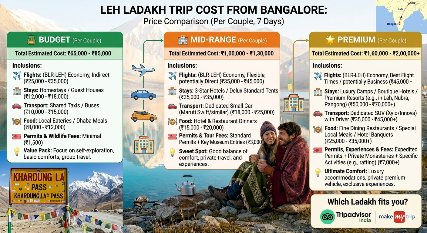Leh Ladakh Trip Cost from Bangalore for Couple 2026 | 7 Days @ ₹49k 10 Leh Ladakh trip cost from Bangalore for couple 2026 - price comparison chart for budget mid-range and premium option