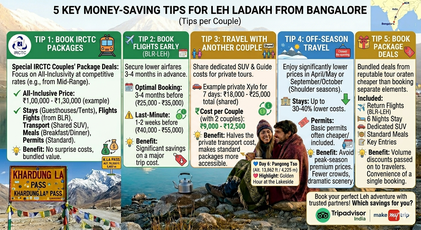 Leh Ladakh Trip Cost from Bangalore for Couple 2026 | 7 Days @ ₹49k 12 Leh Ladakh trip cost from Bangalore for couple - 5 money saving tips infographic
