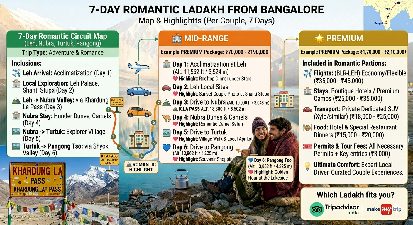Leh Ladakh Trip Cost from Bangalore for Couple 2026 | 7 Days @ ₹49k 11 Leh Ladakh trip cost from Bangalore for couple - 7-day couple's route map with romantic highlights