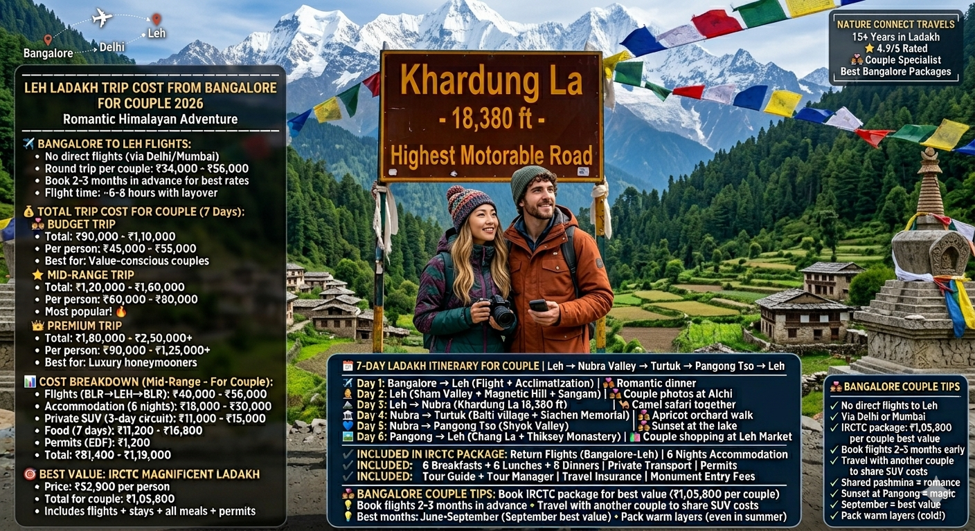 Leh Ladakh Trip Cost from Bangalore for Couple 2026 | 7 Days @ ₹49k 8 Leh Ladakh trip cost from Bangalore for couple - couple at Khardung La pass with prayer flags
