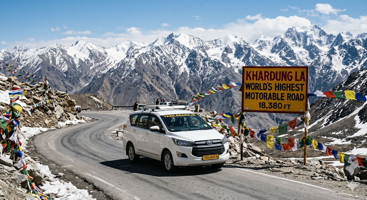  Leh to Nubra Valley cab package 2026 - SUV taxi on Khardung La pass at 18380 feet with prayer flags