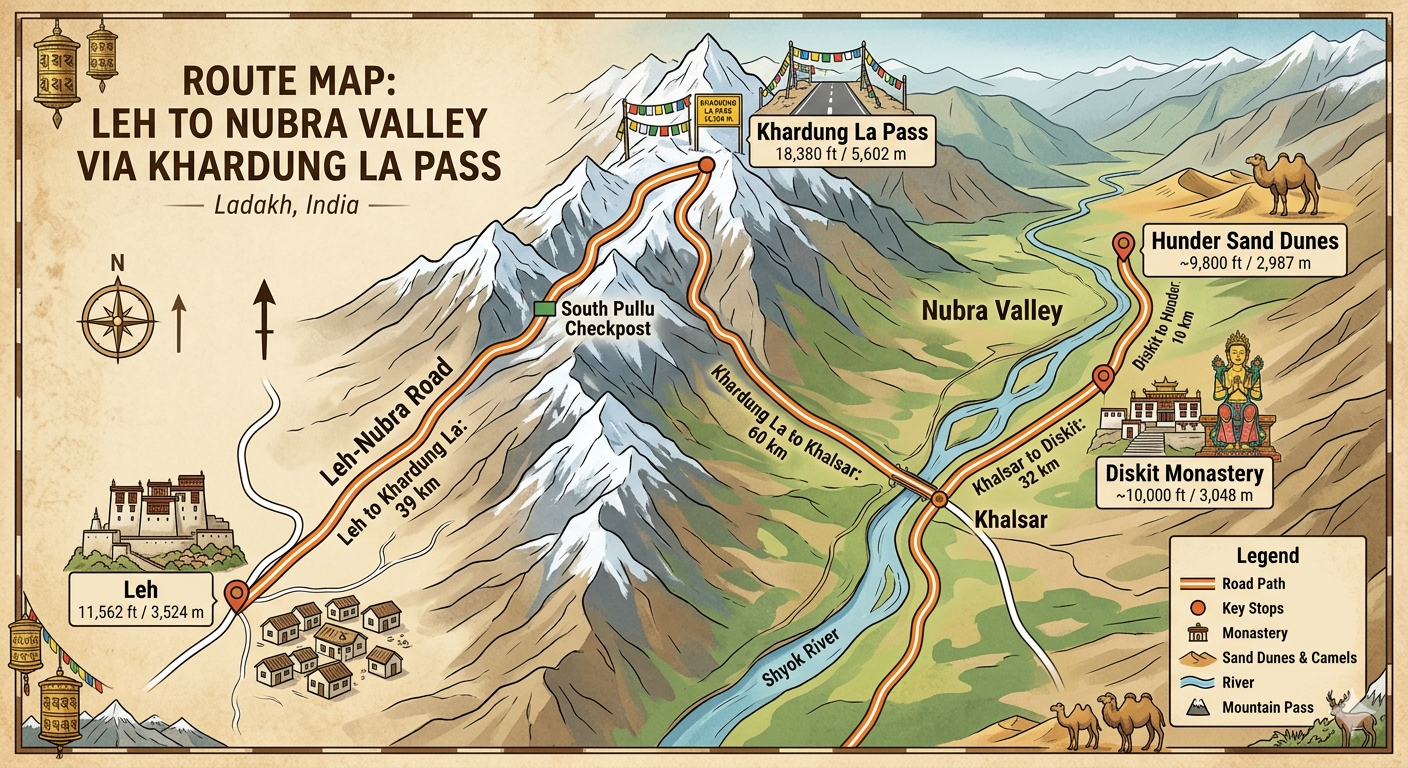 Leh to Nubra Valley cab package 2026 - route map with key stops Khardung La Diskit Monastery and Hunder sand dunes