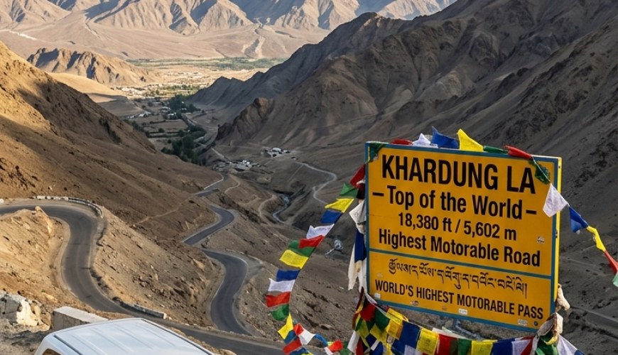 Leh to Nubra Valley cab package 2026 - white SUV taxi driving on Khardung La pass at 18380 feet world's highest motorable road with prayer flags
