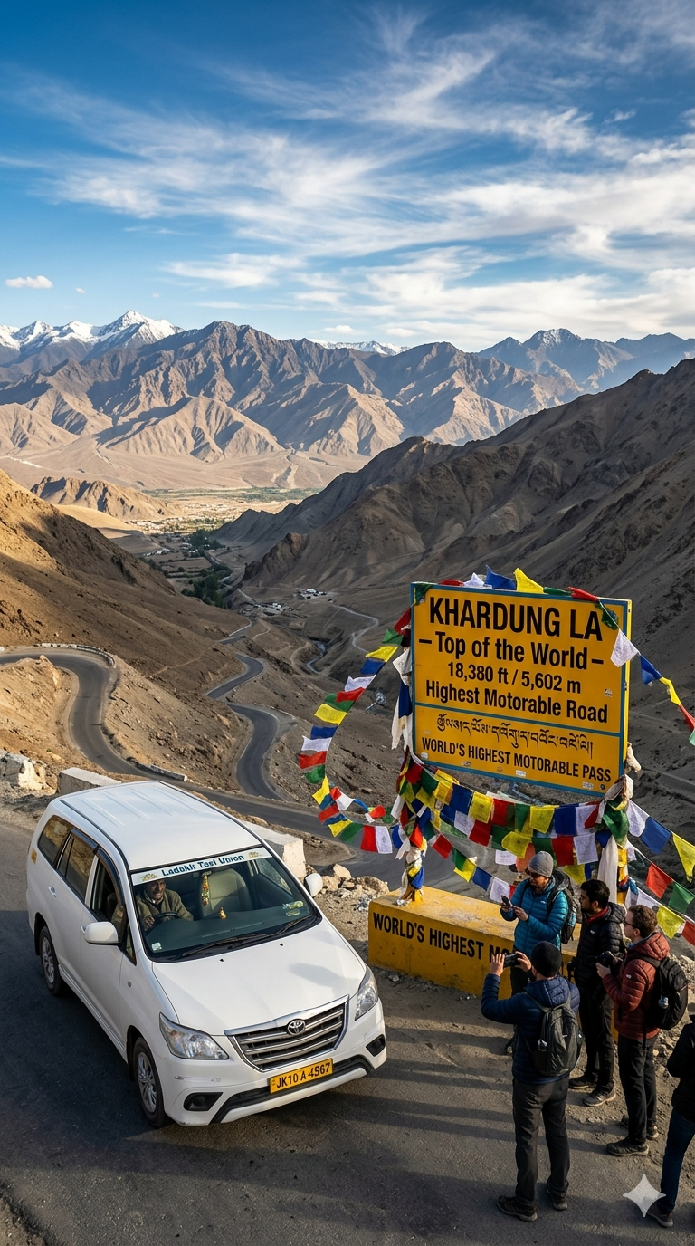 Leh to Nubra Valley cab package 2026 - white SUV taxi driving on Khardung La pass at 18380 feet world's highest motorable road with prayer flags