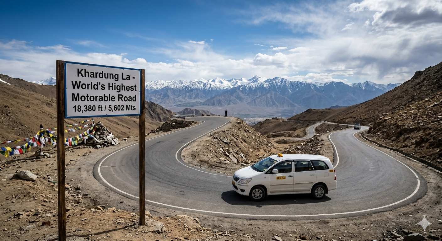 Leh to Nubra Valley via Khardung La Taxi Fare 2026 | SUV ₹11,807 6 Leh to Nubra Valley via Khardung La taxi fare 2026 - SUV driving on Khardung La pass at 18380 feet with mountain views