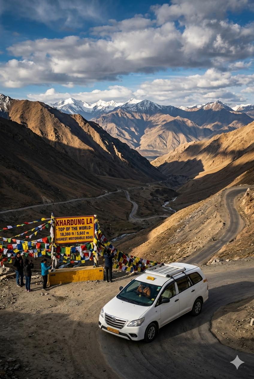 Leh to Nubra Valley via Khardung La taxi fare 2026 - white SUV taxi driving on Khardung La pass at 18380 feet world's highest motorable road with prayer flags