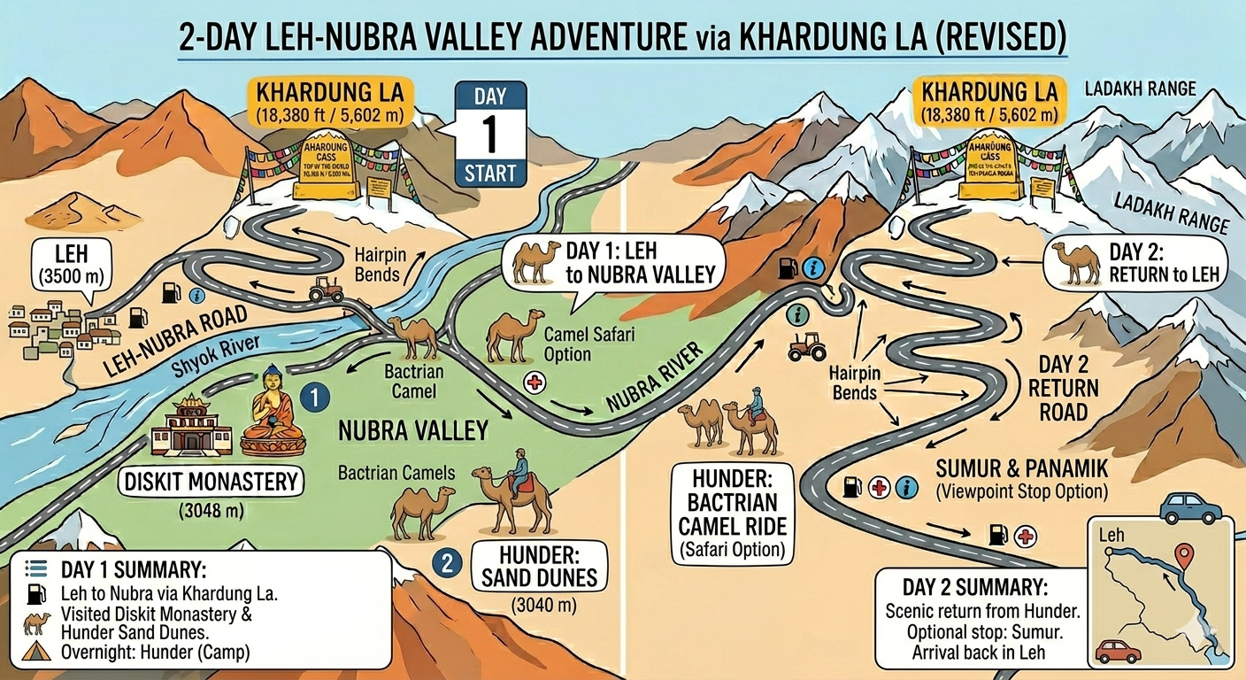 Leh to Nubra Valley via Khardung La Taxi Fare 2026 | SUV ₹11,807 8 Leh to Nubra Valley via Khardung La taxi fare 2026 - 2 day itinerary showing route and stops including Diskit Monastery and Hunder sand dunes