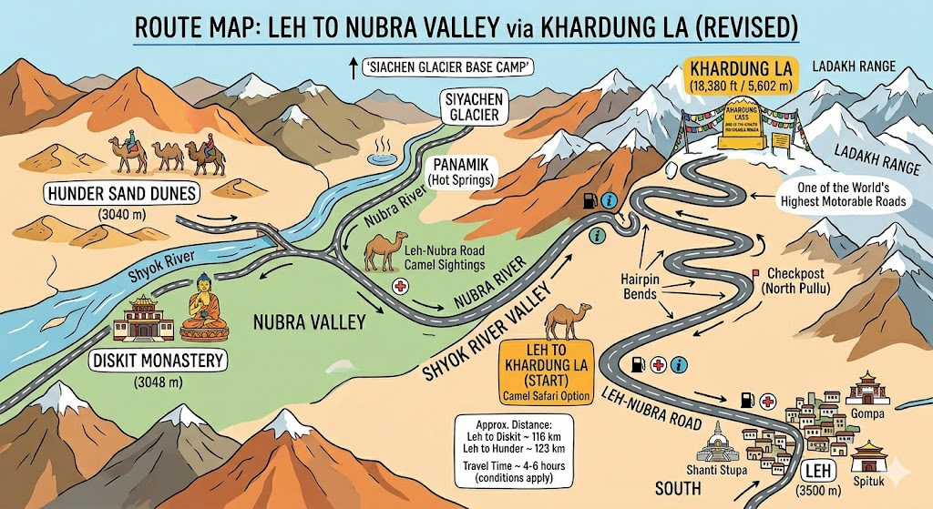 Leh to Nubra Valley via Khardung La Taxi Fare 2026 | SUV ₹11,807 7 Leh to Nubra Valley via Khardung La taxi route map showing distance 120km and key stops Diskit Monastery and Hunder sand dunes