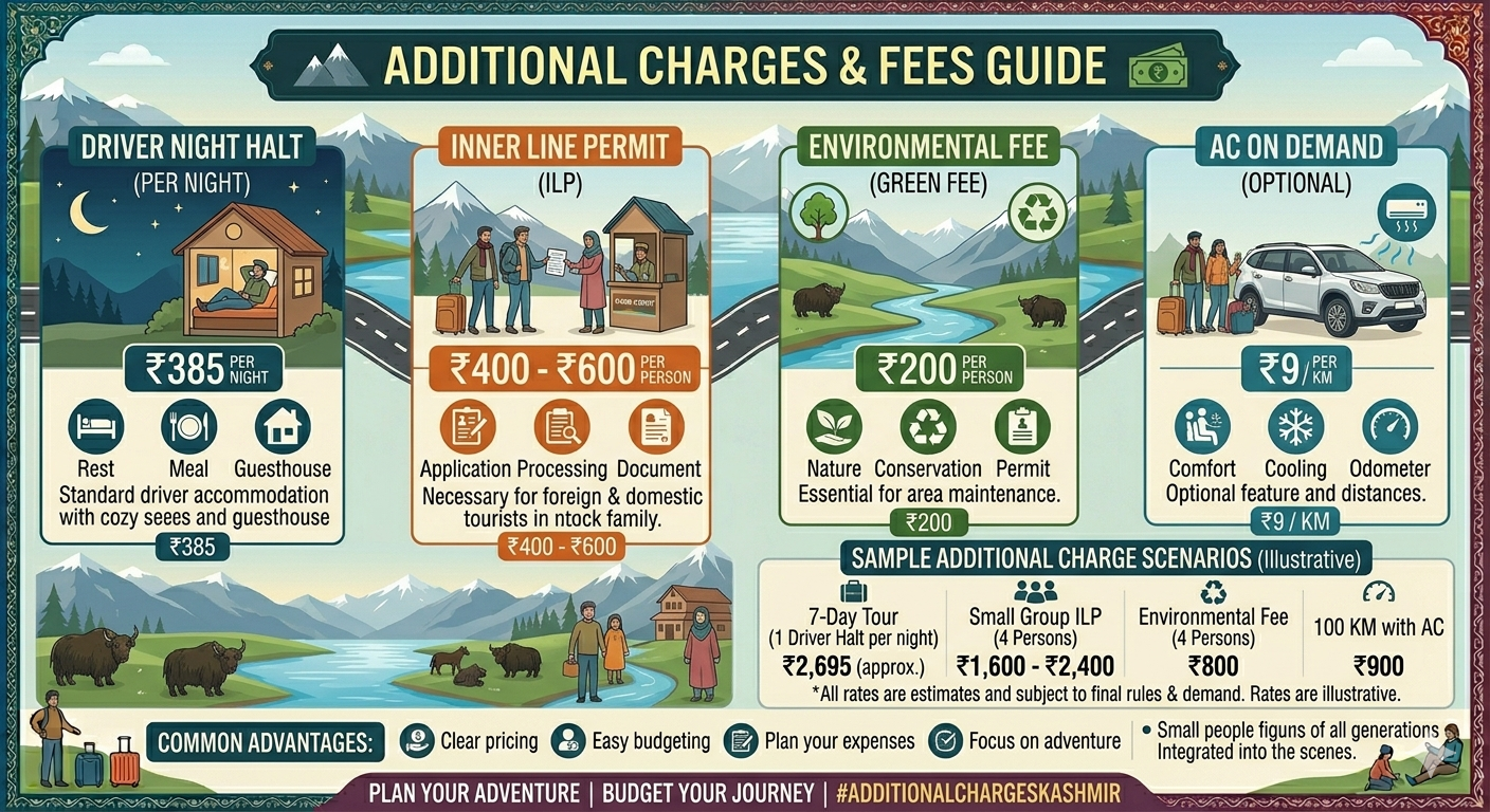  Leh to Pangong Lake taxi fare 2026 - additional charges infographic