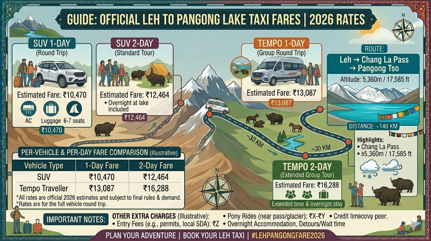  Leh to Pangong Lake taxi fare 2026 - official Ladakh Taxi Union rates infographic