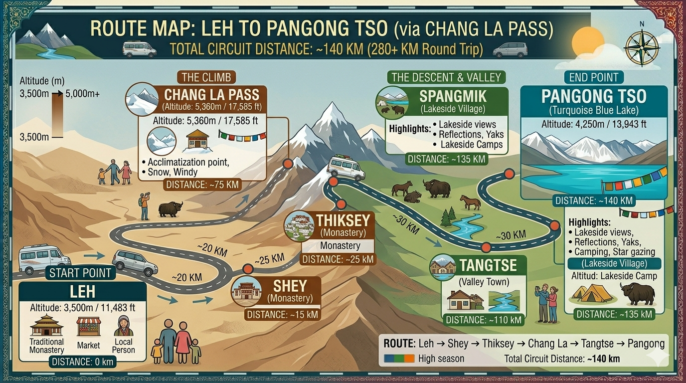 Leh to Pangong Lake taxi fare 2026 - route map showing Leh to Pangong via Chang La pass